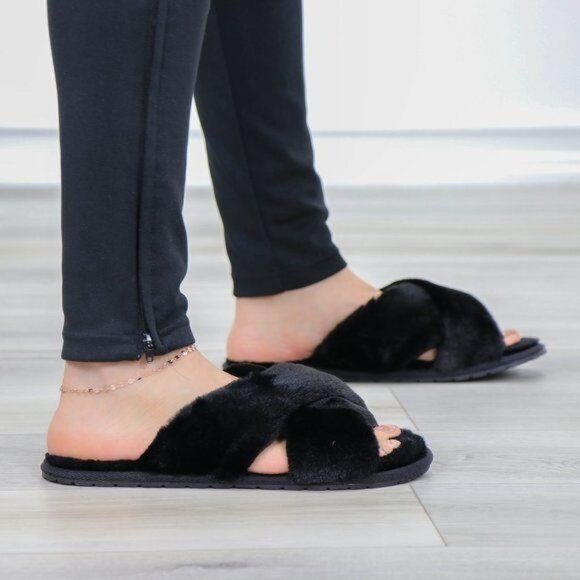 Cross Strap Black Puff Fuzzy Furry Fluffy Slip On Plush Slippers - Picture 7 of 12